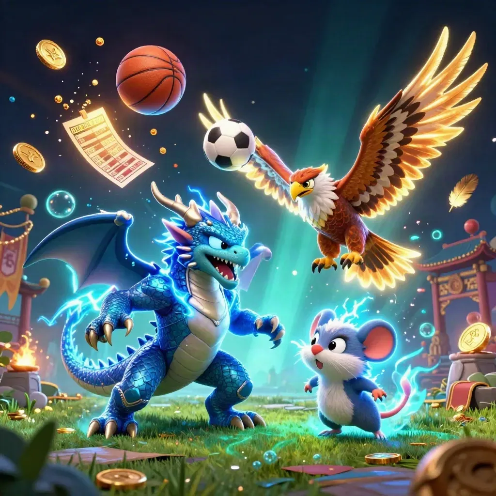 Thunder dragon, wind hawk and static mouse over sports props in a neon temple arena