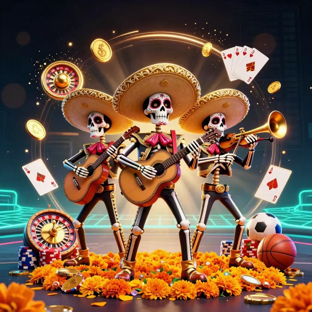 Skeleton mariachi trio with casino coins, roulette wheel, chips and neon grid.