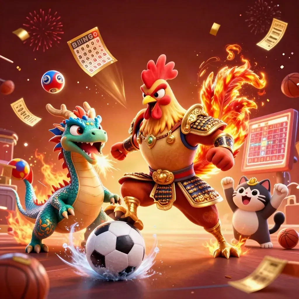 Rooster warrior, dragon hatchling and fortune cat amid casino balls, fireworks and sparks