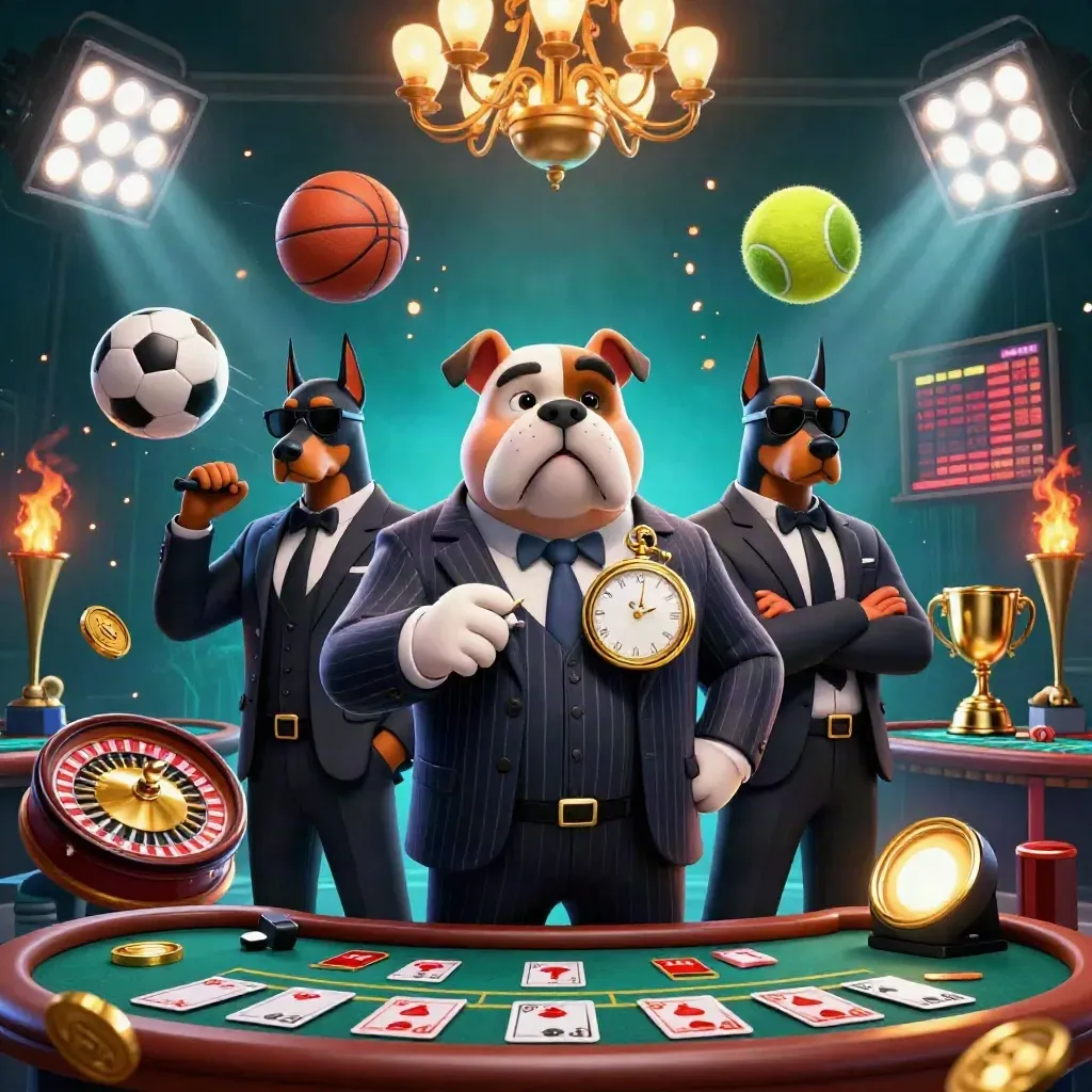 Bulldog boss and Dobermans amid casino lights, sports balls, coins, and teal underwater glow.
