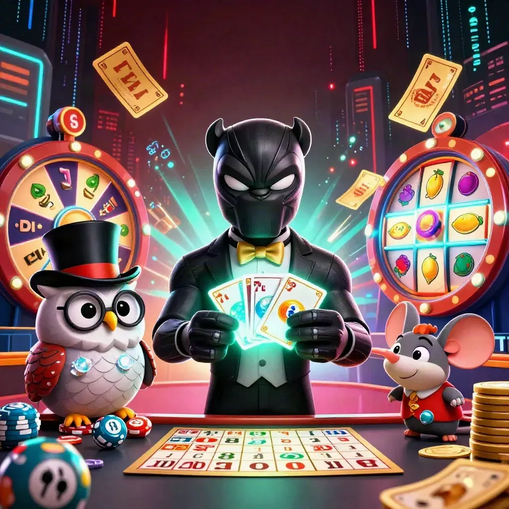 Panther, owl, and mouse amid lottery balls, prize wheel, chips, and teal casino energy.