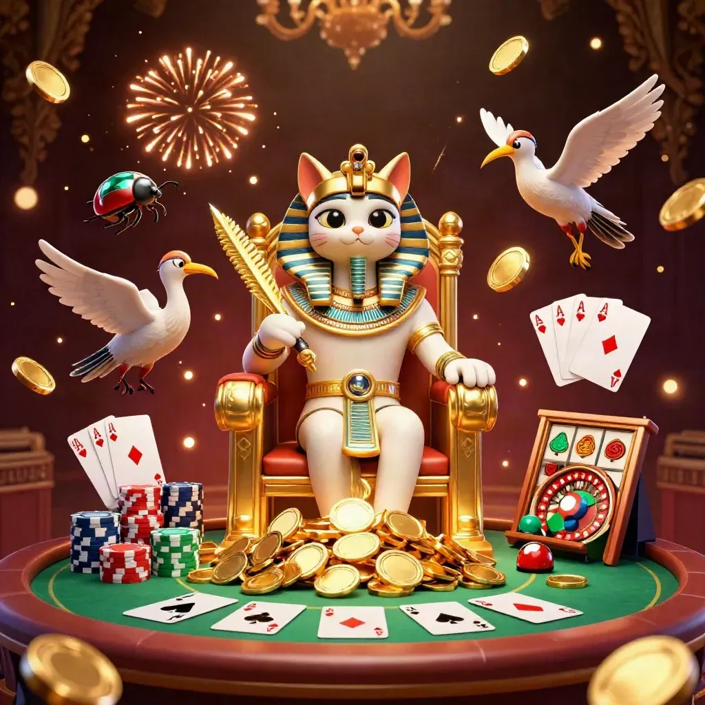 Pharaoh cat, ibis scribe and scarabs amid casino symbols, coins, vault burst, dark gold glamour.