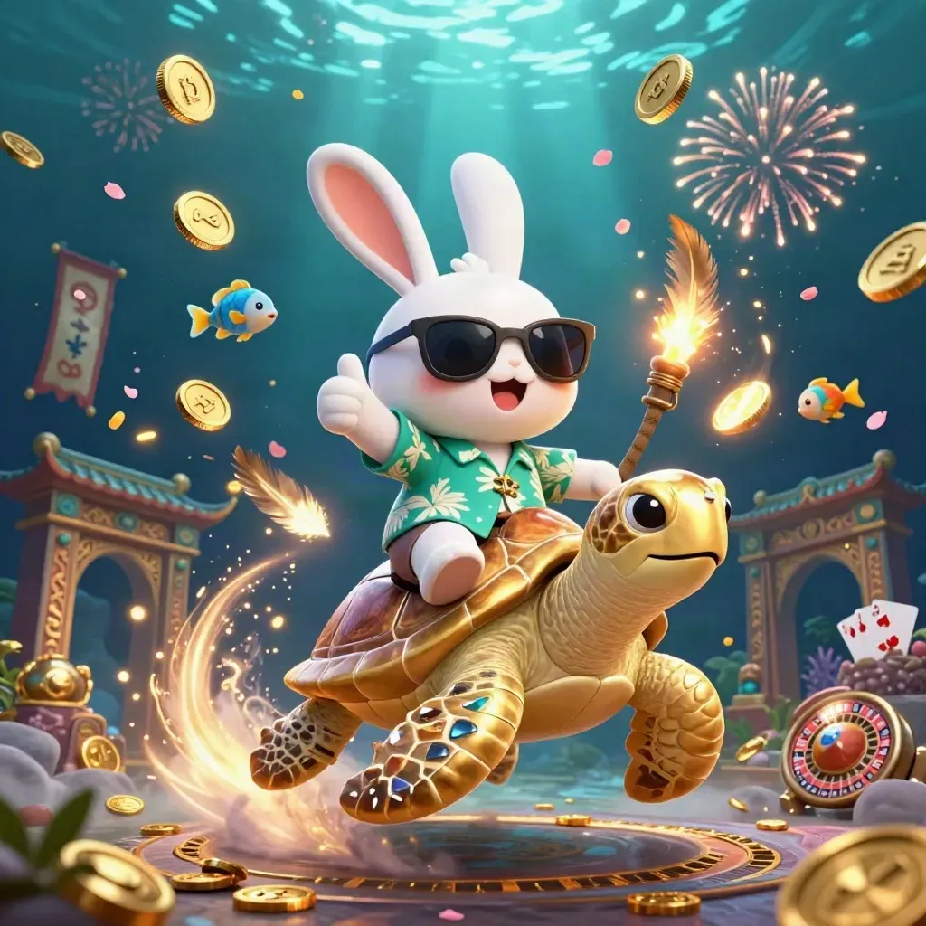 Cartoon rabbit on a golden sea turtle amid coins, fish, runes, and fireworks