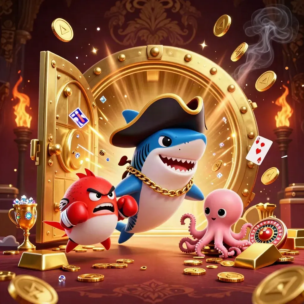 Pirate shark, boxing pufferfish, and octopus burst from a glowing vault with coins and gems