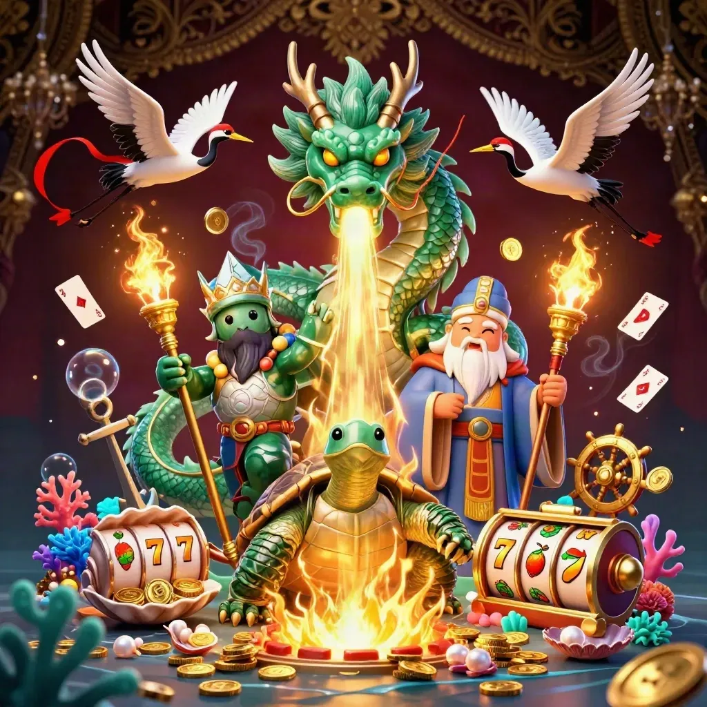 Jade dragon, turtle sage, and cranes amid casino treasure, fire, coins, and reels.