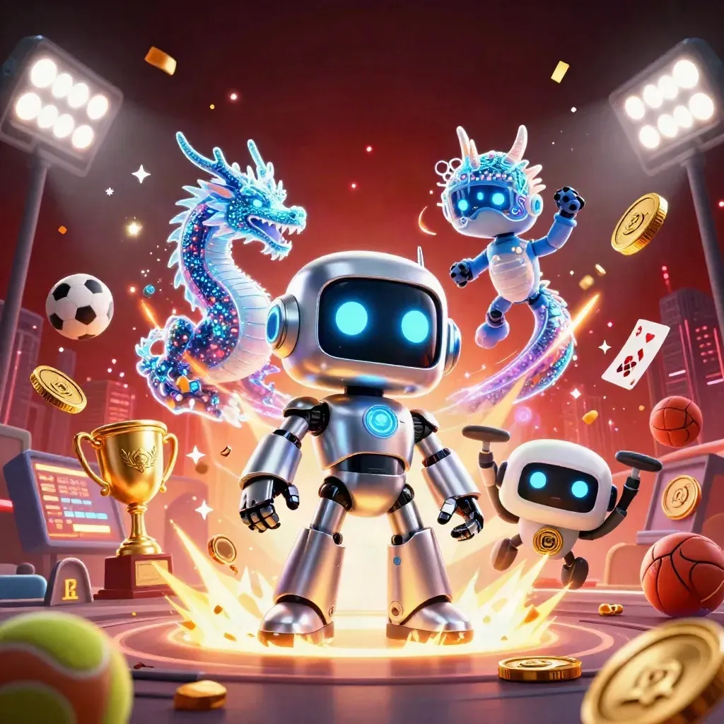 Robot mascot, holographic dragon, and coin drone amid exploding gold coins and casino sports chaos.