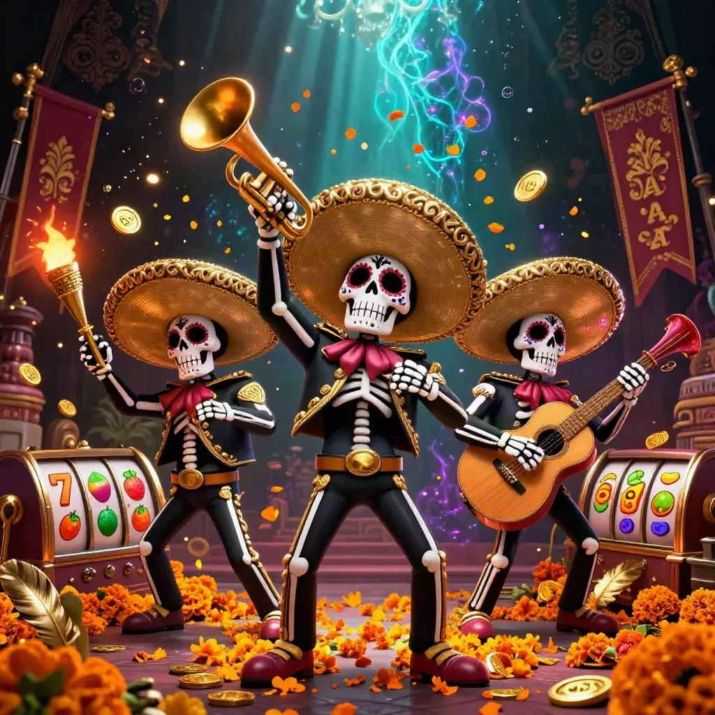 Skeleton mariachi trio with gold sombreros amid casino reels, teal glow, coins, and marigolds
