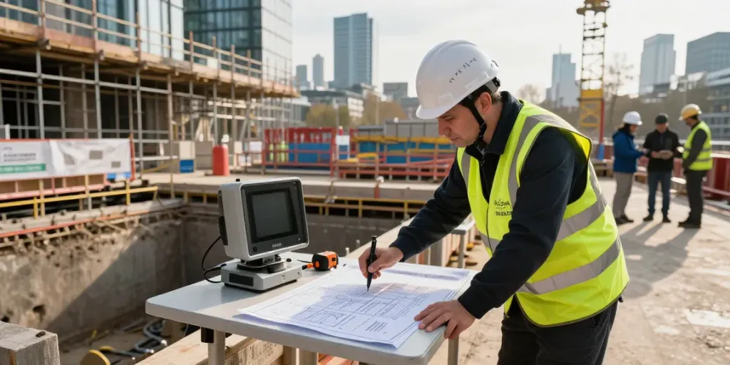 Underground Utility Mapping London with surveyor using GPR equipment at a construction site.